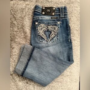 Miss Me Capri Jeans | Size 29 | Cuffed Hem | Rhinestone Angel Wing Pockets